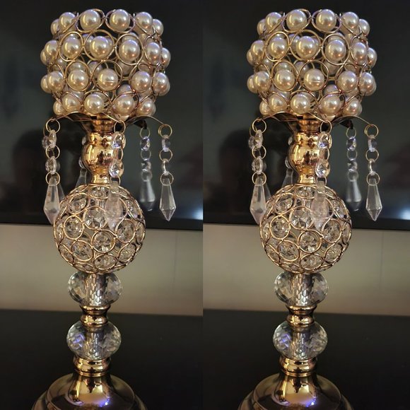 Set of Two 14" Tall Golden Gold Crystal Candlesticks Holders for Home Decor - Picture 1 of 8